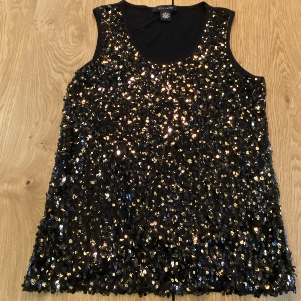 89th & Madison Tank Top Womens Medium Silver Black Sequins Bling Sparkly Glam L
